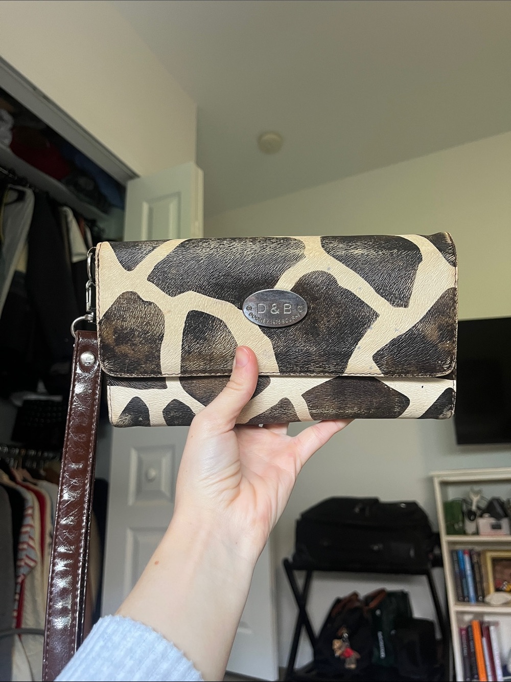 Dooney & Bourke Giraffe-Print Clutch Wristlet in Brown and Cream